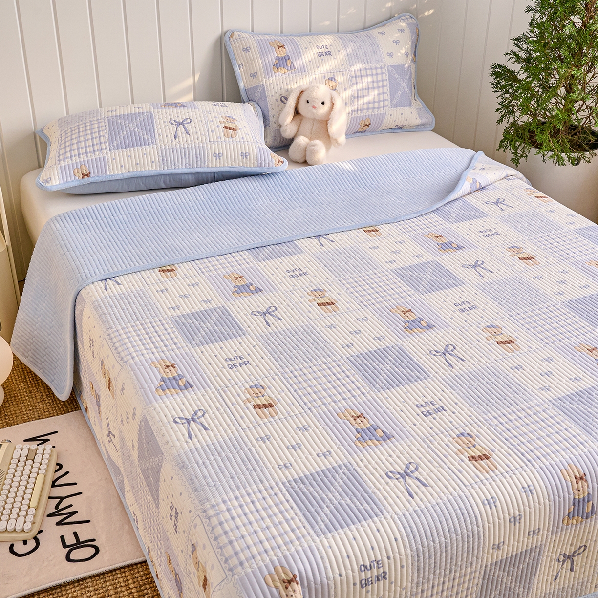 91家纺网 家纺一手货源 找家纺 X猫先生 2026新品A全棉B牛奶绒床盖一面全棉一面牛奶绒床盖炕盖加厚床单床垫四季款系列三 蓝格童话（A棉B绒）