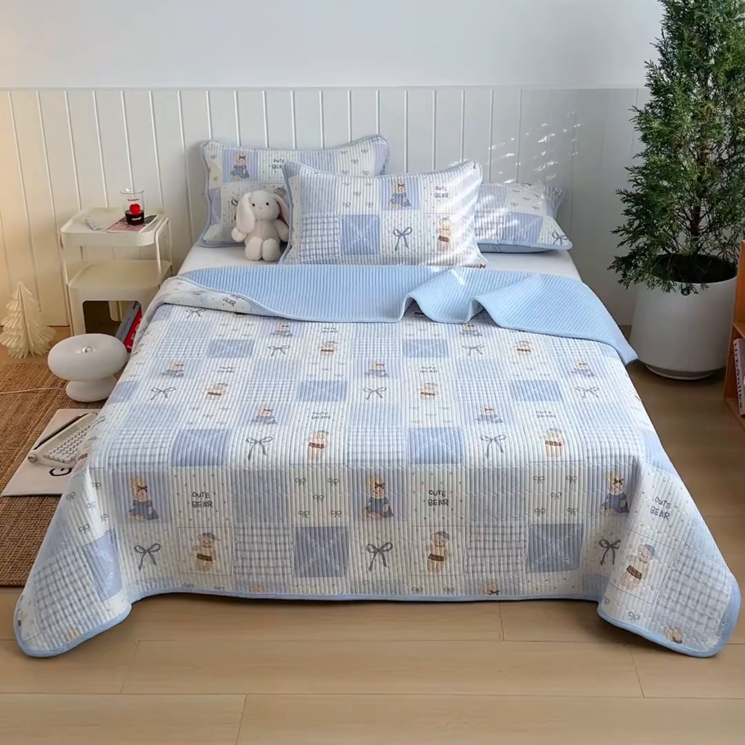 91家纺网 家纺一手货源 找家纺 X猫先生 2026新品A全棉B牛奶绒床盖一面全棉一面牛奶绒床盖炕盖加厚床单床垫四季款系列三 蓝格童话（A棉B绒）