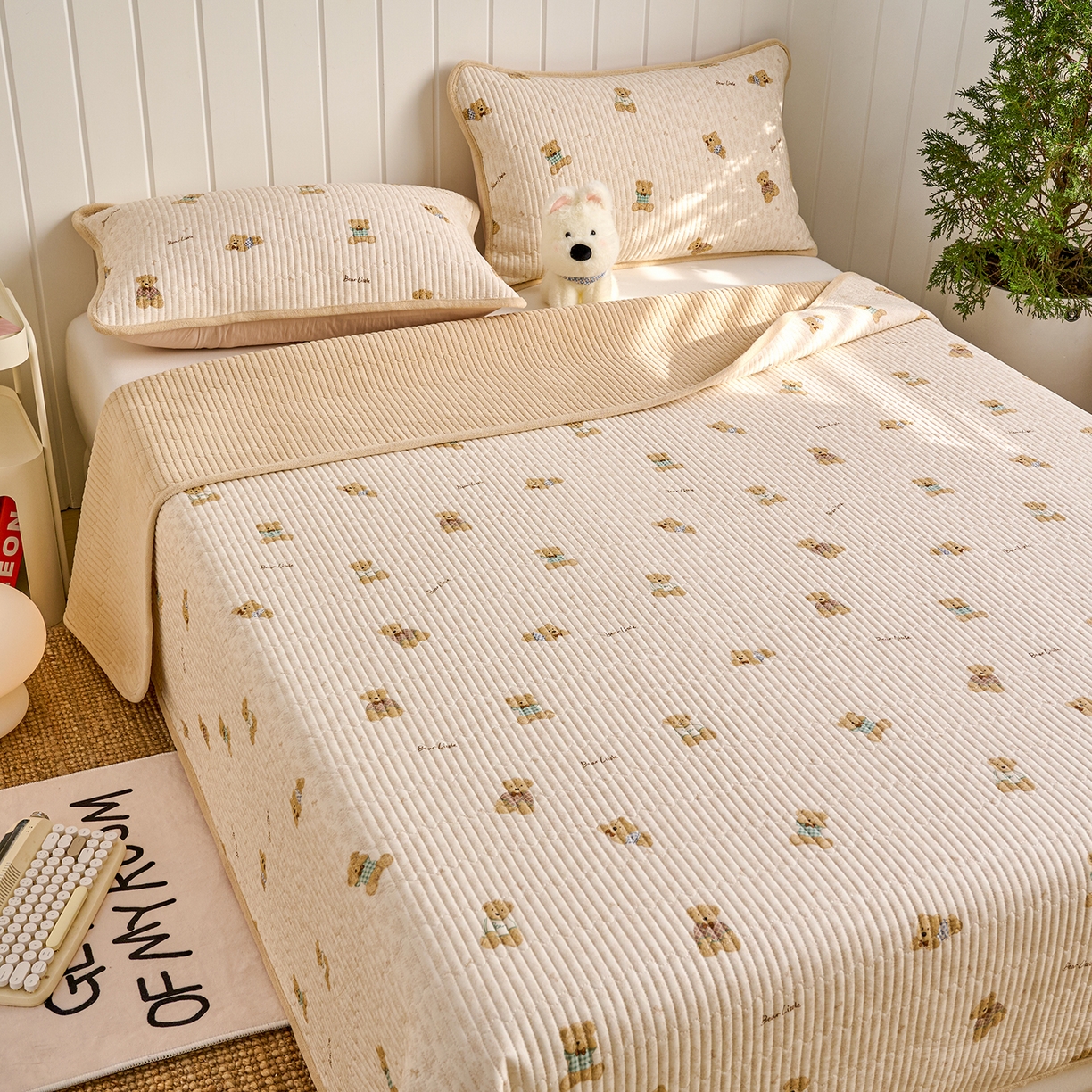 91家纺网 家纺一手货源 找家纺 X猫先生 2026新品A全棉B牛奶绒床盖一面全棉一面牛奶绒床盖炕盖加厚床单床垫四季款系列三 趴趴熊(A棉B绒）