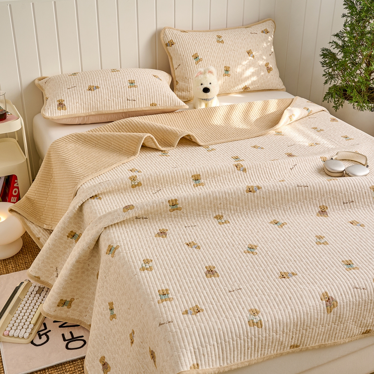 91家纺网 家纺一手货源 找家纺 X猫先生 2026新品A全棉B牛奶绒床盖一面全棉一面牛奶绒床盖炕盖加厚床单床垫四季款系列三 趴趴熊(A棉B绒）