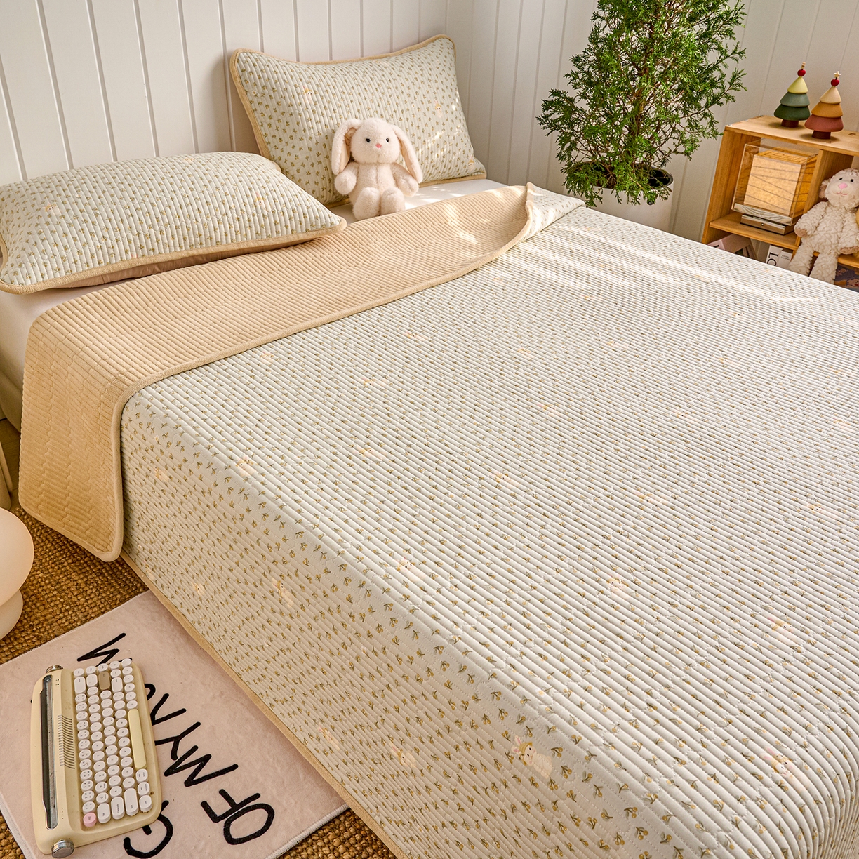 91家纺网 家纺一手货源 找家纺 X猫先生 2026新品A全棉B牛奶绒床盖一面全棉一面牛奶绒床盖炕盖加厚床单床垫四季款系列三 春游兔兔（A棉B绒）