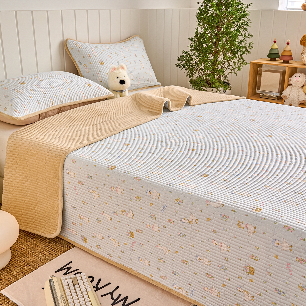 91家纺网 家纺一手货源 找家纺 X猫先生 2026新品A全棉B牛奶绒床盖一面全棉一面牛奶绒床盖炕盖加厚床单床垫四季款系列三 萌萌鸭（A棉B绒）