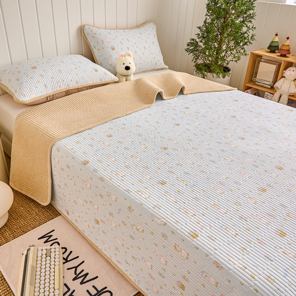 91家纺网 家纺一手货源 找家纺 X猫先生 2026新品A全棉B牛奶绒床盖一面全棉一面牛奶绒床盖炕盖加厚床单床垫四季款系列三 萌萌鸭（A棉B绒）