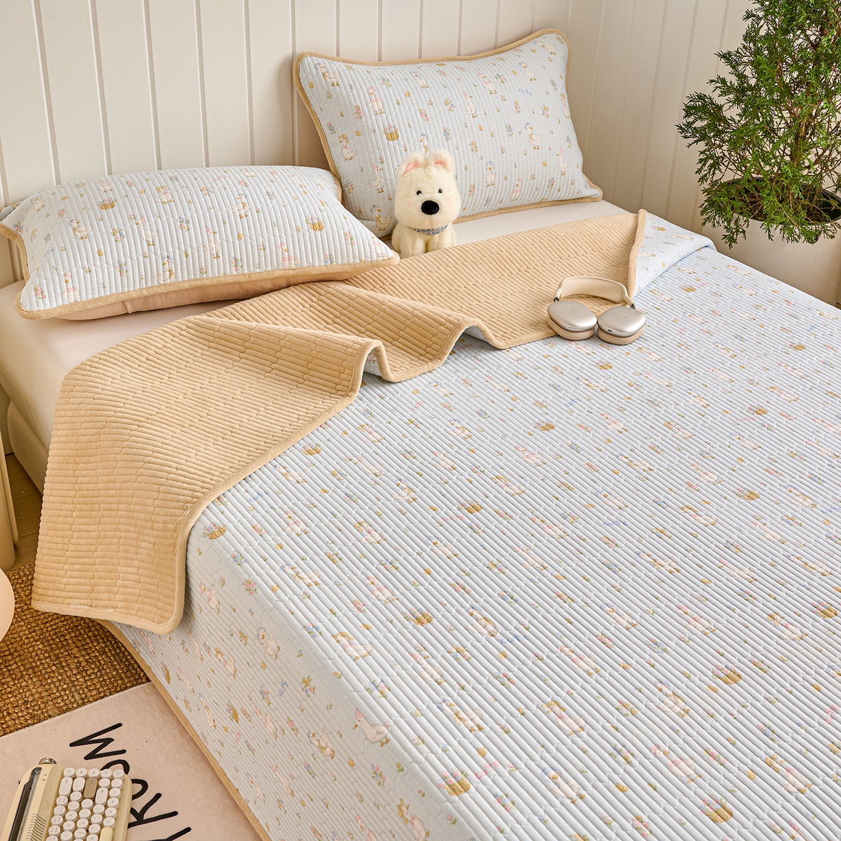 91家纺网 家纺一手货源 找家纺 X猫先生 2026新品A全棉B牛奶绒床盖一面全棉一面牛奶绒床盖炕盖加厚床单床垫四季款系列三 萌萌鸭（A棉B绒）