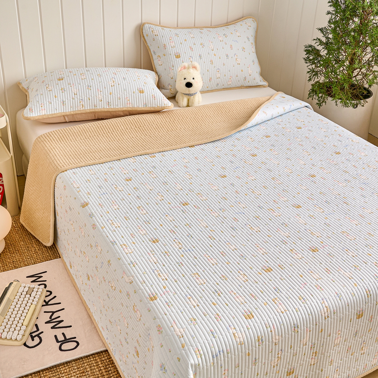 91家纺网 家纺一手货源 找家纺 X猫先生 2026新品A全棉B牛奶绒床盖一面全棉一面牛奶绒床盖炕盖加厚床单床垫四季款系列三 萌萌鸭（A棉B绒）