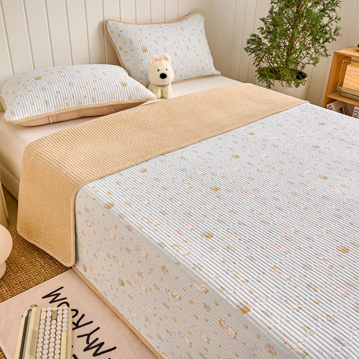 91家纺网 家纺一手货源 找家纺 X猫先生 2026新品A全棉B牛奶绒床盖一面全棉一面牛奶绒床盖炕盖加厚床单床垫四季款系列三 萌萌鸭（A棉B绒）