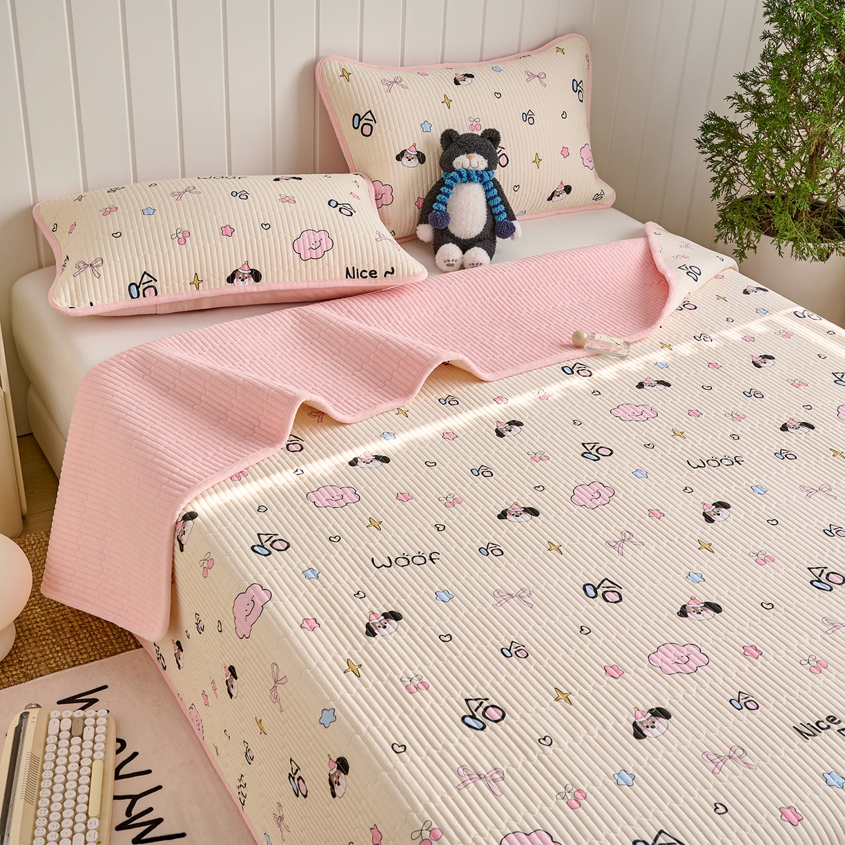 91家纺网 家纺一手货源 找家纺 X猫先生 2026新品A全棉B牛奶绒床盖一面全棉一面牛奶绒床盖炕盖加厚床单床垫四季款系列三 哈哈狗（A棉B绒）