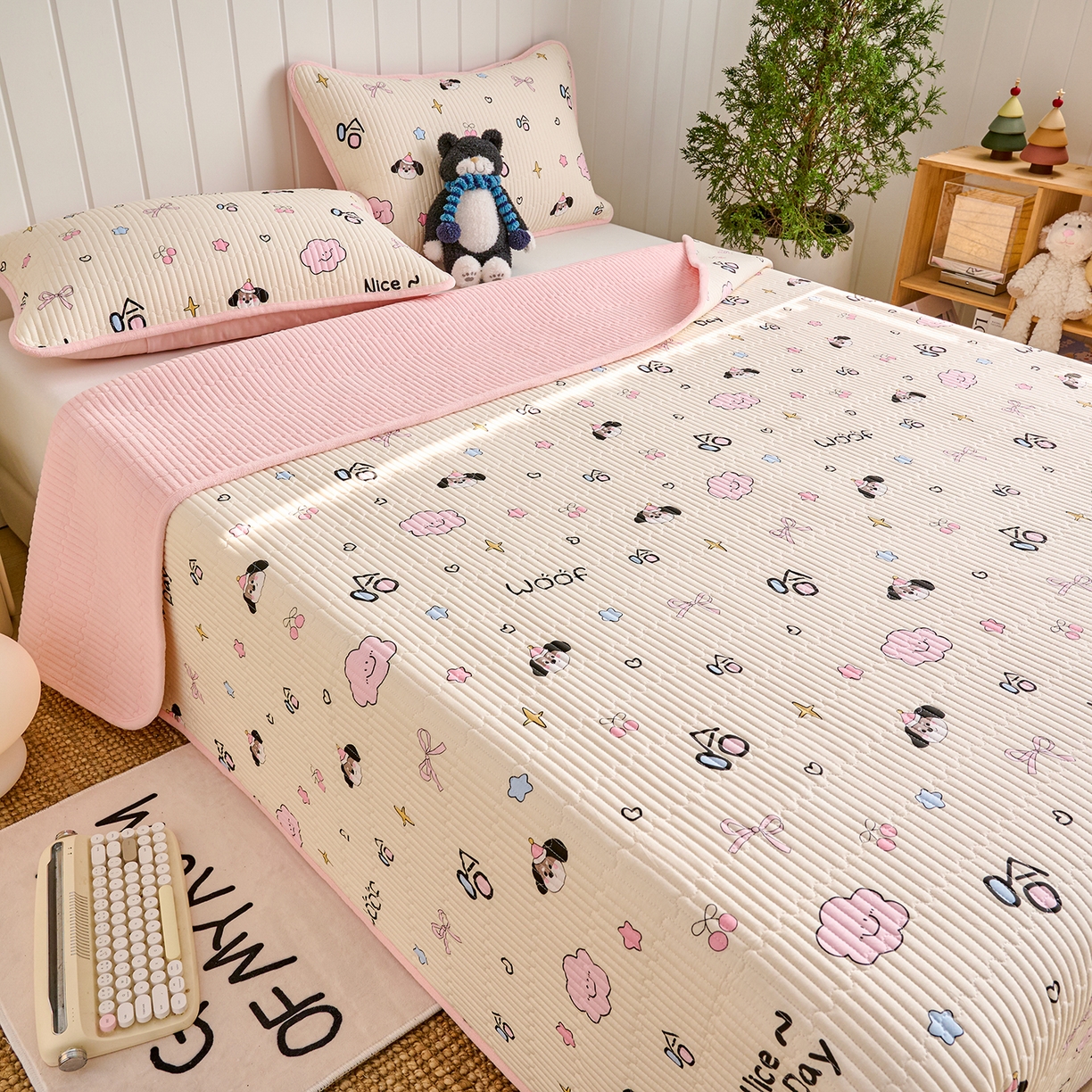 91家纺网 家纺一手货源 找家纺 X猫先生 2026新品A全棉B牛奶绒床盖一面全棉一面牛奶绒床盖炕盖加厚床单床垫四季款系列三 哈哈狗（A棉B绒）