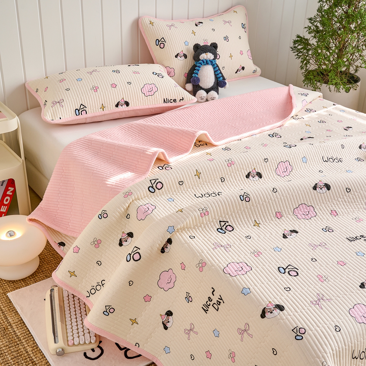 91家纺网 家纺一手货源 找家纺 X猫先生 2026新品A全棉B牛奶绒床盖一面全棉一面牛奶绒床盖炕盖加厚床单床垫四季款系列三 哈哈狗（A棉B绒）