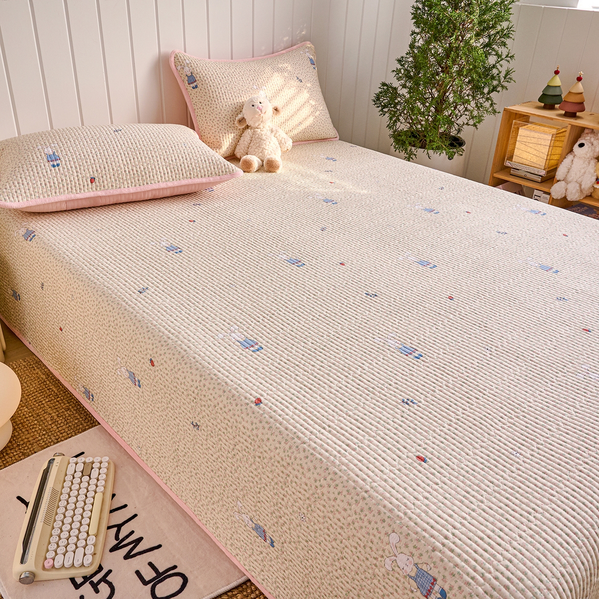 91家纺网 家纺一手货源 找家纺 X猫先生 2026新品A全棉B牛奶绒床盖一面全棉一面牛奶绒床盖炕盖加厚床单床垫四季款系列三 奶呼小兔（A棉B绒）