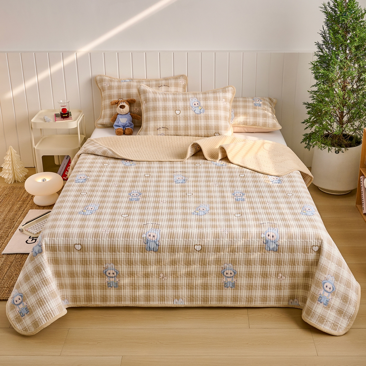 91家纺网 家纺一手货源 找家纺 X猫先生 2026新品A全棉B牛奶绒床盖一面全棉一面牛奶绒床盖炕盖加厚床单床垫四季款系列三 拉布兔兔（A棉B绒）