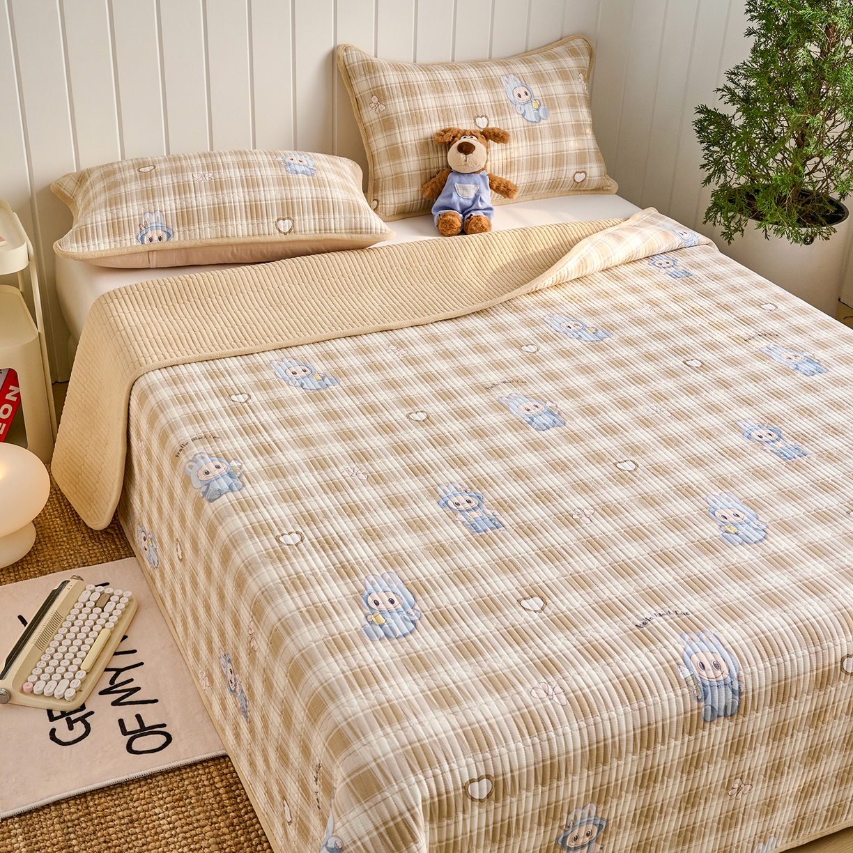 91家纺网 家纺一手货源 找家纺 X猫先生 2026新品A全棉B牛奶绒床盖一面全棉一面牛奶绒床盖炕盖加厚床单床垫四季款系列三 拉布兔兔（A棉B绒）