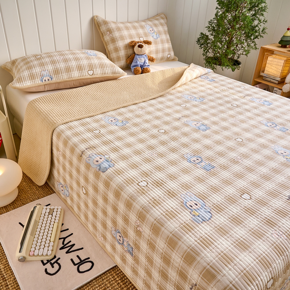 91家纺网 家纺一手货源 找家纺 X猫先生 2026新品A全棉B牛奶绒床盖一面全棉一面牛奶绒床盖炕盖加厚床单床垫四季款系列三 拉布兔兔（A棉B绒）