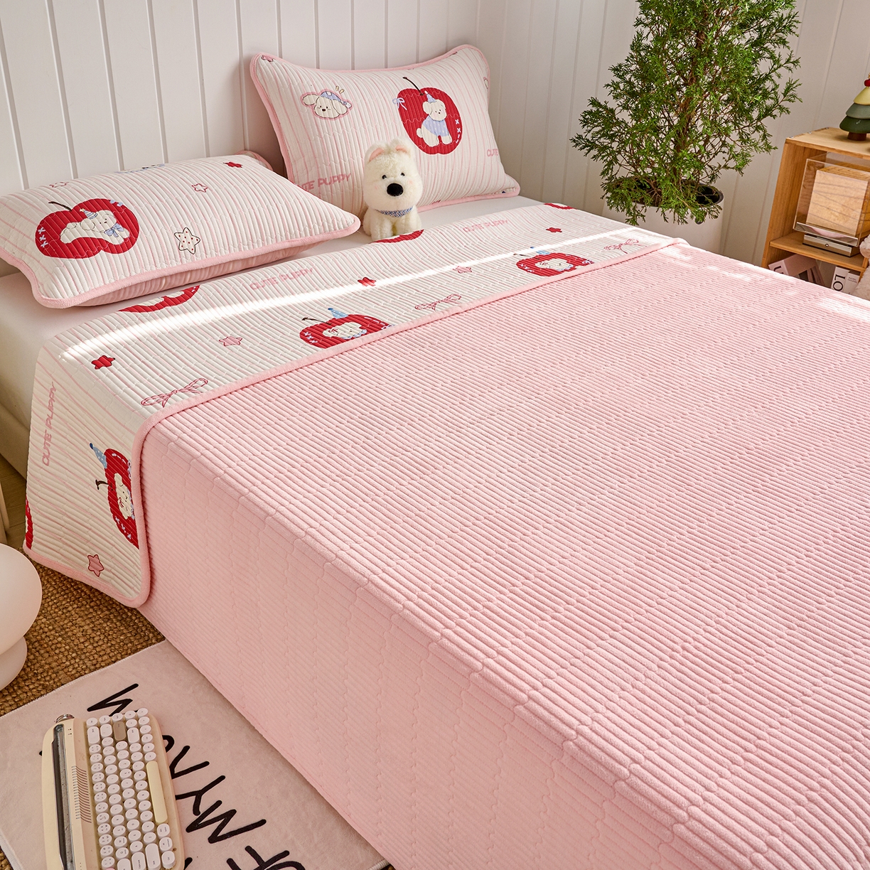 91家纺网 家纺一手货源 找家纺 X猫先生 2026新品A全棉B牛奶绒床盖一面全棉一面牛奶绒床盖炕盖加厚床单床垫四季款系列三 甜心苹果派（A棉B绒）