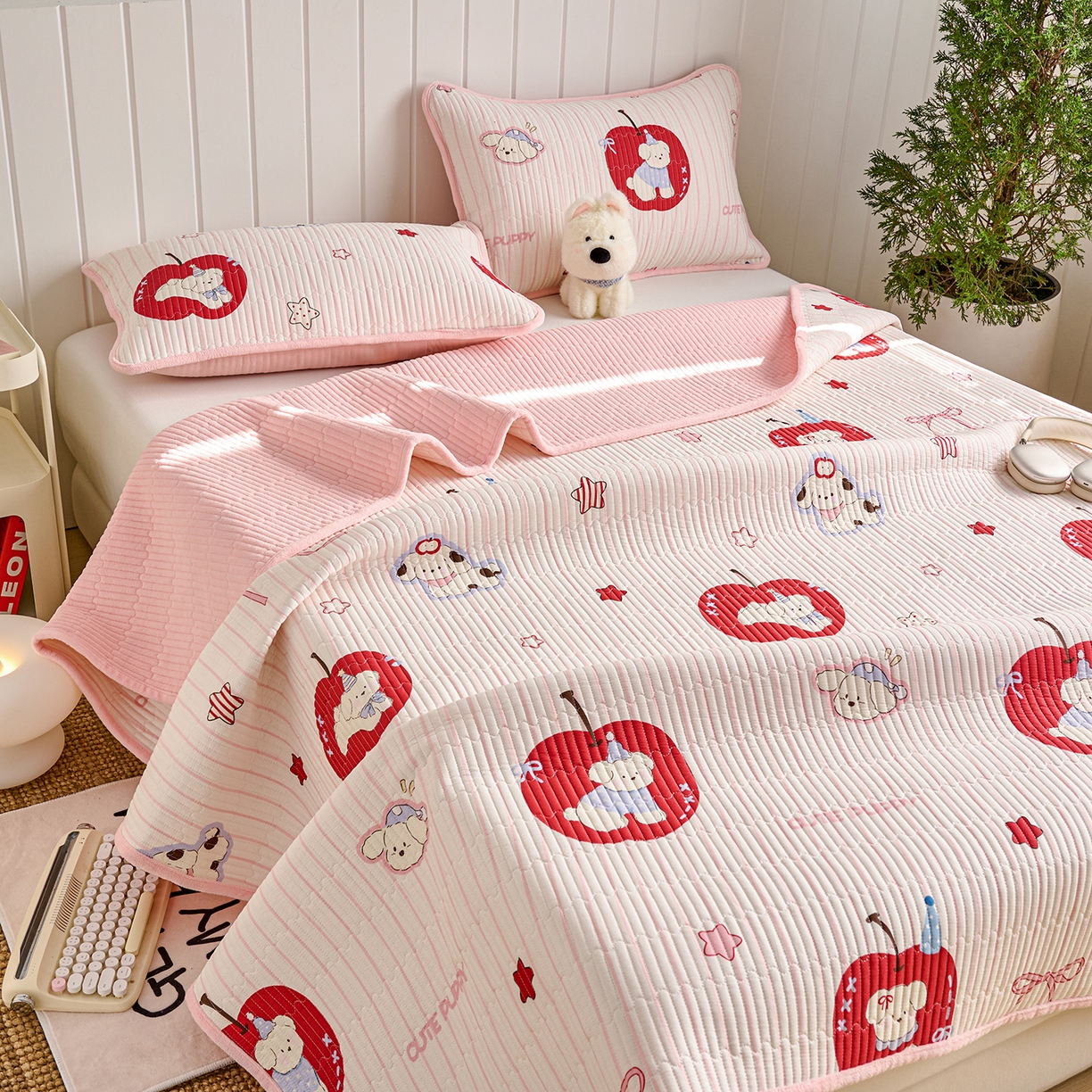 91家纺网 家纺一手货源 找家纺 X猫先生 2026新品A全棉B牛奶绒床盖一面全棉一面牛奶绒床盖炕盖加厚床单床垫四季款系列三 甜心苹果派（A棉B绒）