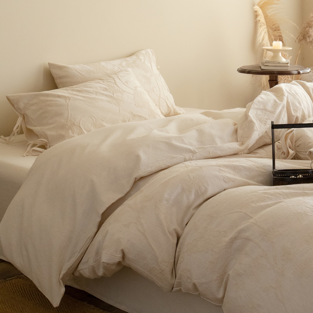 极简 2026新款全棉亚麻浮雕提花四件套（控价：小号195标准295加大313） 素秋叶韵