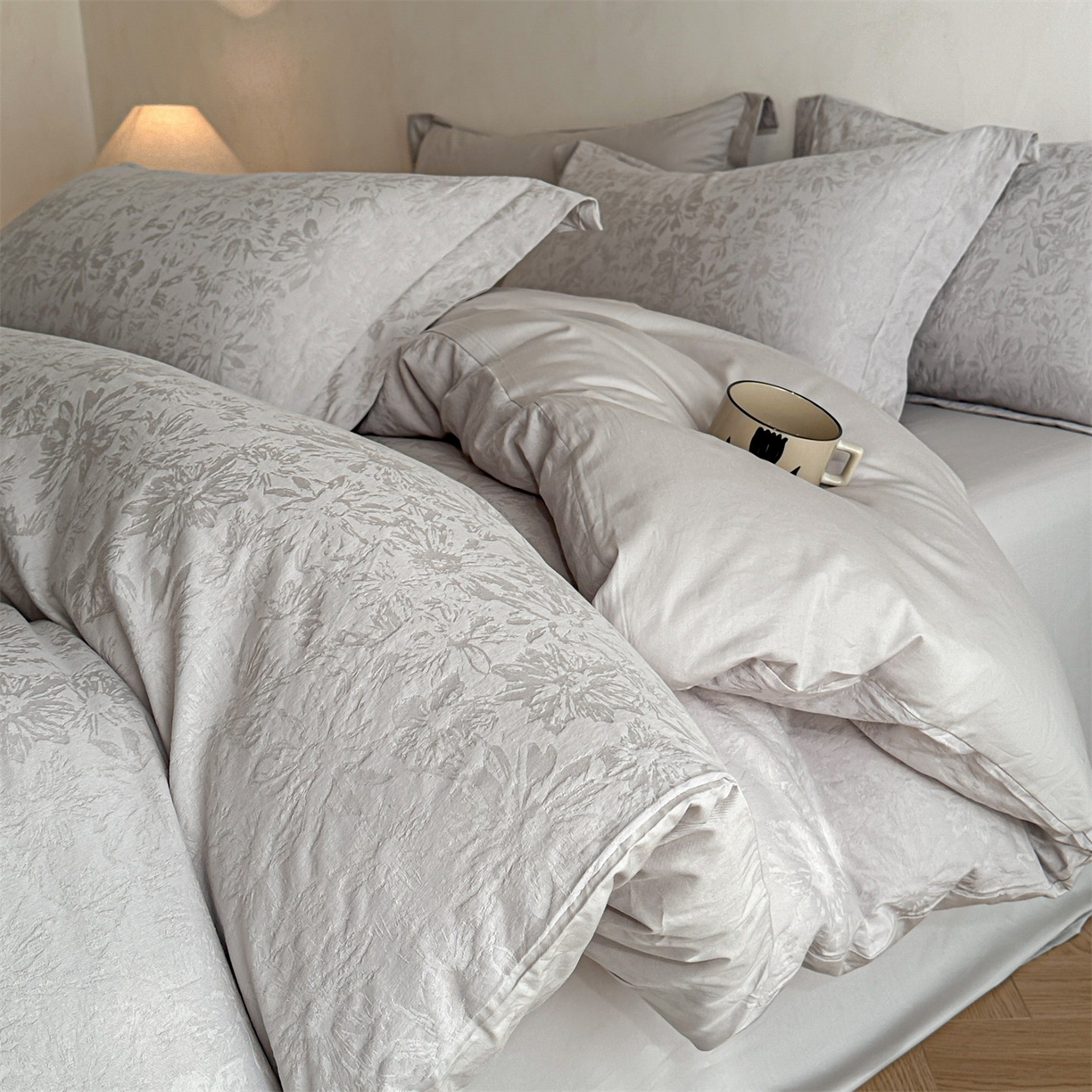 笙意家纺 2025新款全棉纯棉60水洗亮面浮雕立体提花四件套 梵花绘-银灰