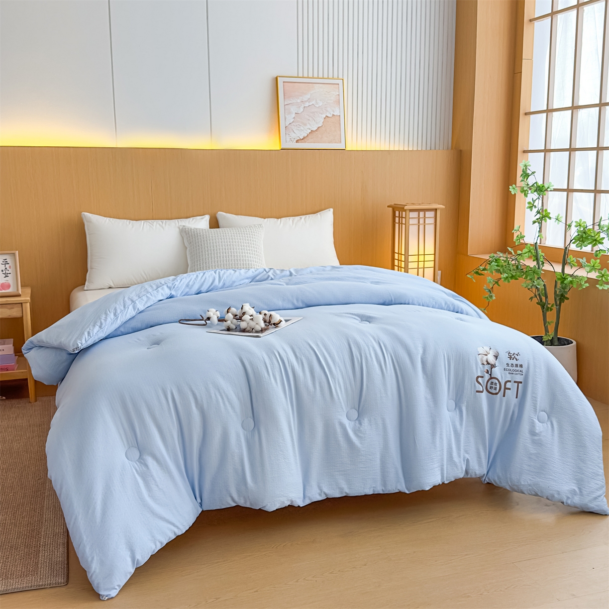 91家纺网 家纺一手货源 找家纺 默忆 2025新款A类木棉皱皱纱棉花被被子被芯 蓝色