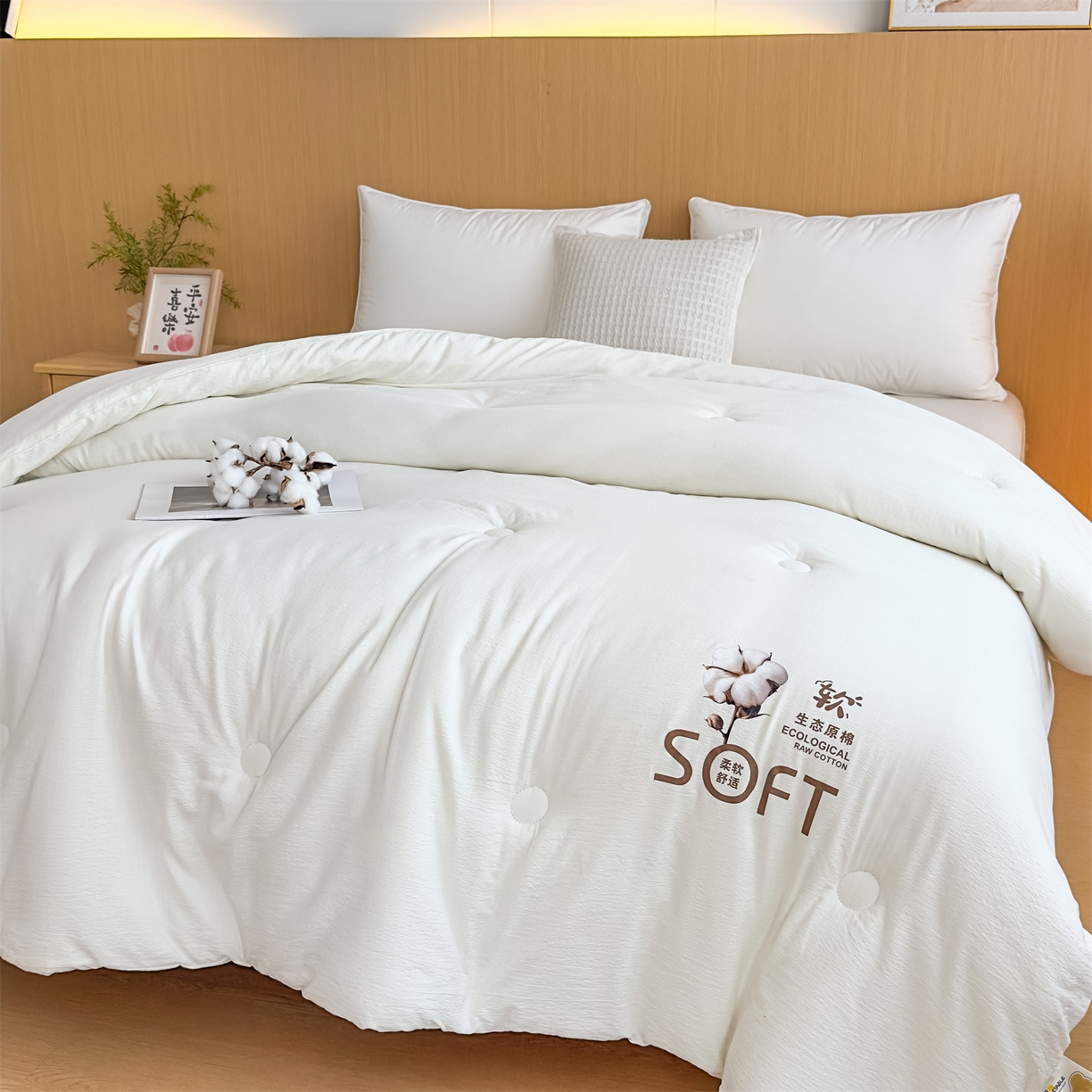 91家纺网 家纺一手货源 找家纺 默忆 2025新款A类木棉皱皱纱棉花被被子被芯 白色