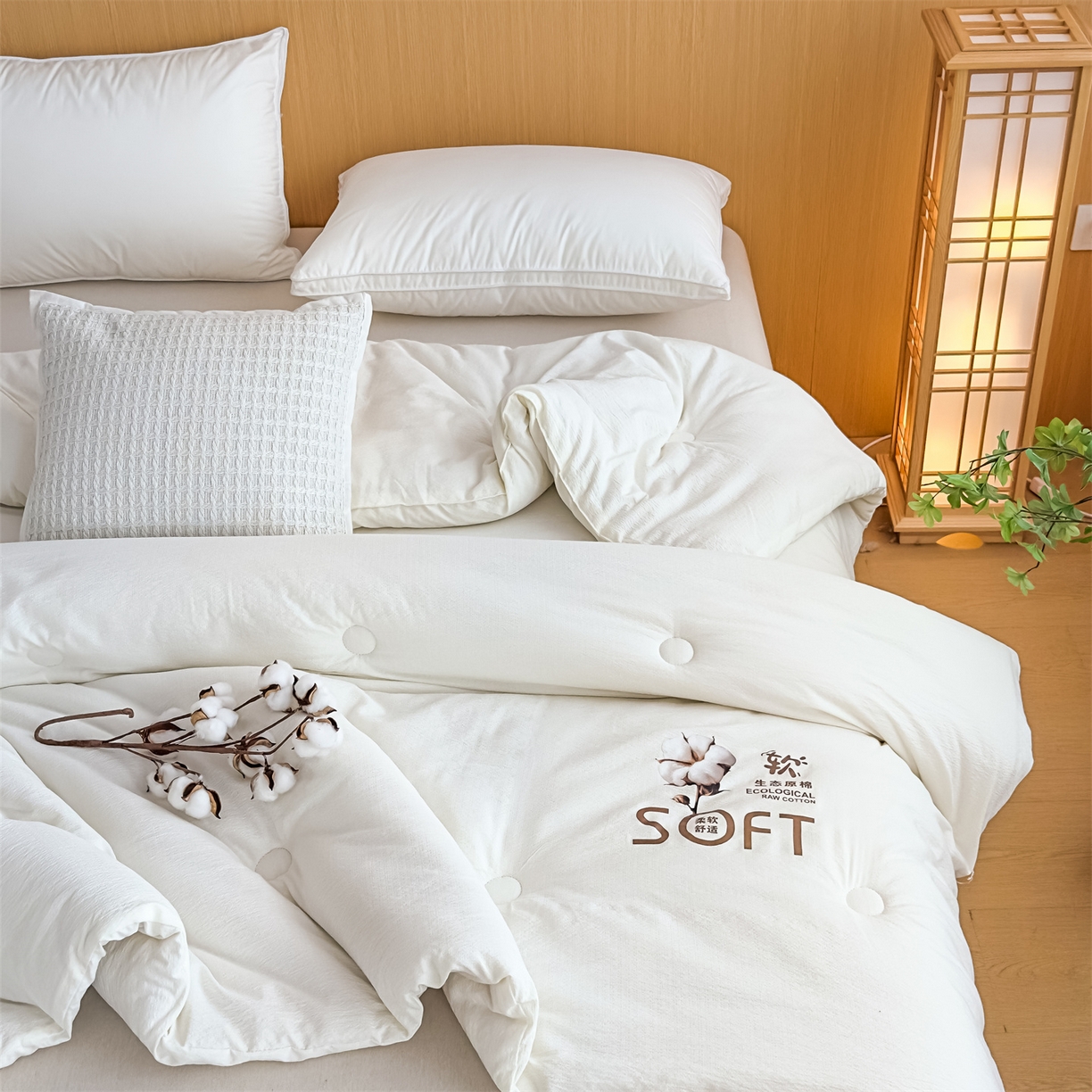 91家纺网 家纺一手货源 找家纺 默忆 2025新款A类木棉皱皱纱棉花被被子被芯 白色