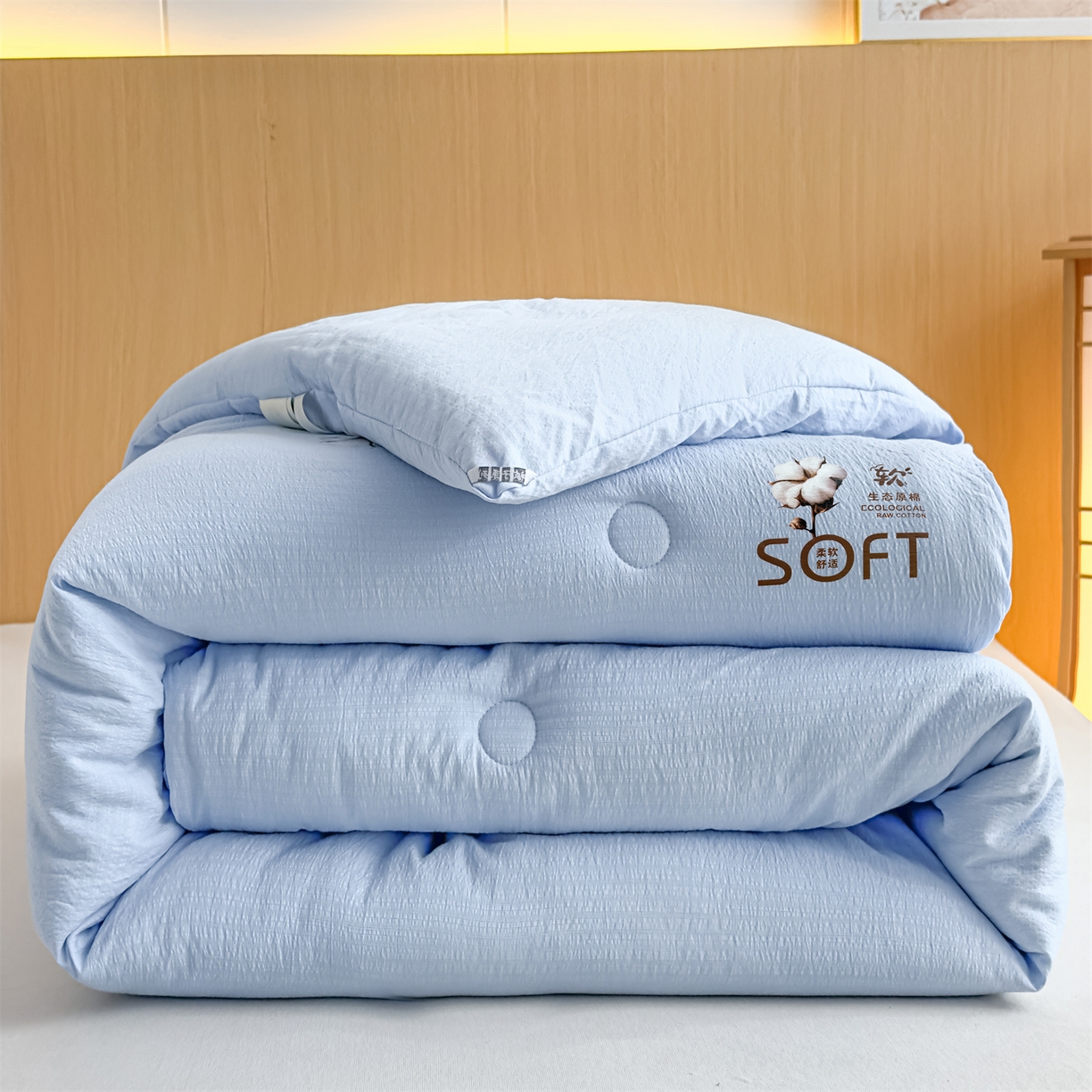 91家纺网 家纺一手货源 找家纺 默忆 2025新款A类木棉皱皱纱棉花被被子被芯 蓝色