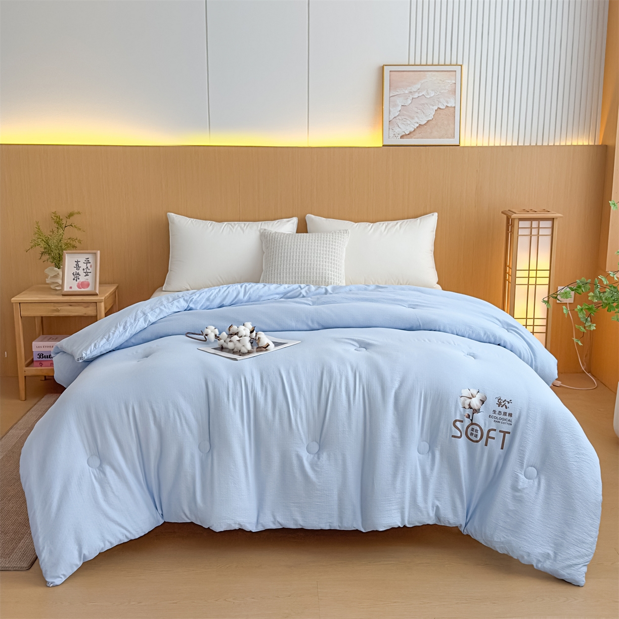 默忆 2025新款A类木棉皱皱纱棉花被被子被芯 蓝色