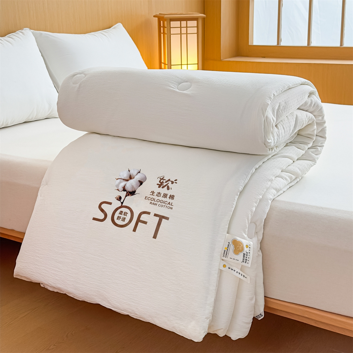 91家纺网 家纺一手货源 找家纺 默忆 2025新款A类木棉皱皱纱棉花被被子被芯 白色