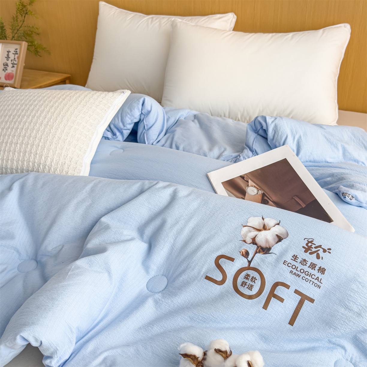 91家纺网 家纺一手货源 找家纺 默忆 2025新款A类木棉皱皱纱棉花被被子被芯 蓝色