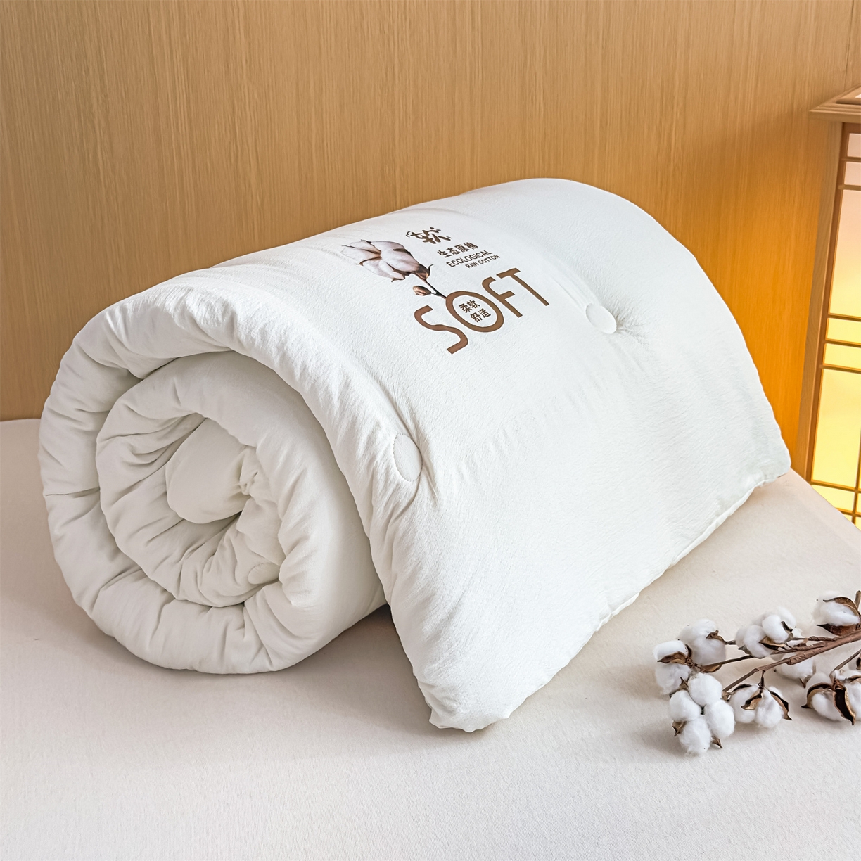 91家纺网 家纺一手货源 找家纺 默忆 2025新款A类木棉皱皱纱棉花被被子被芯 白色