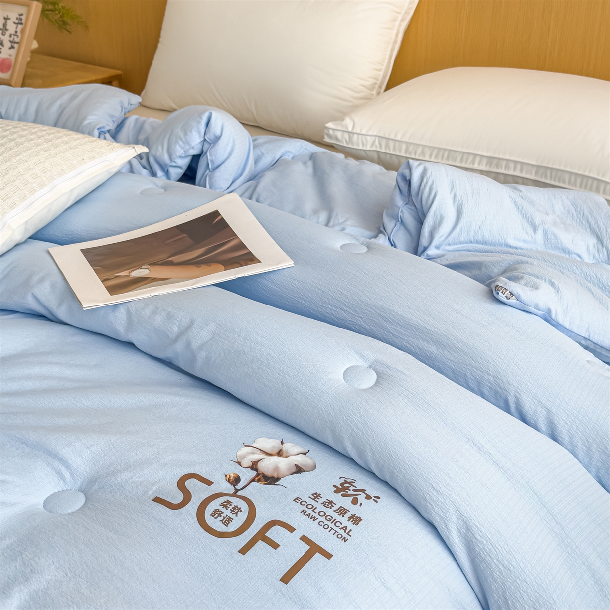 91家纺网 家纺一手货源 找家纺 默忆 2025新款A类木棉皱皱纱棉花被被子被芯 蓝色