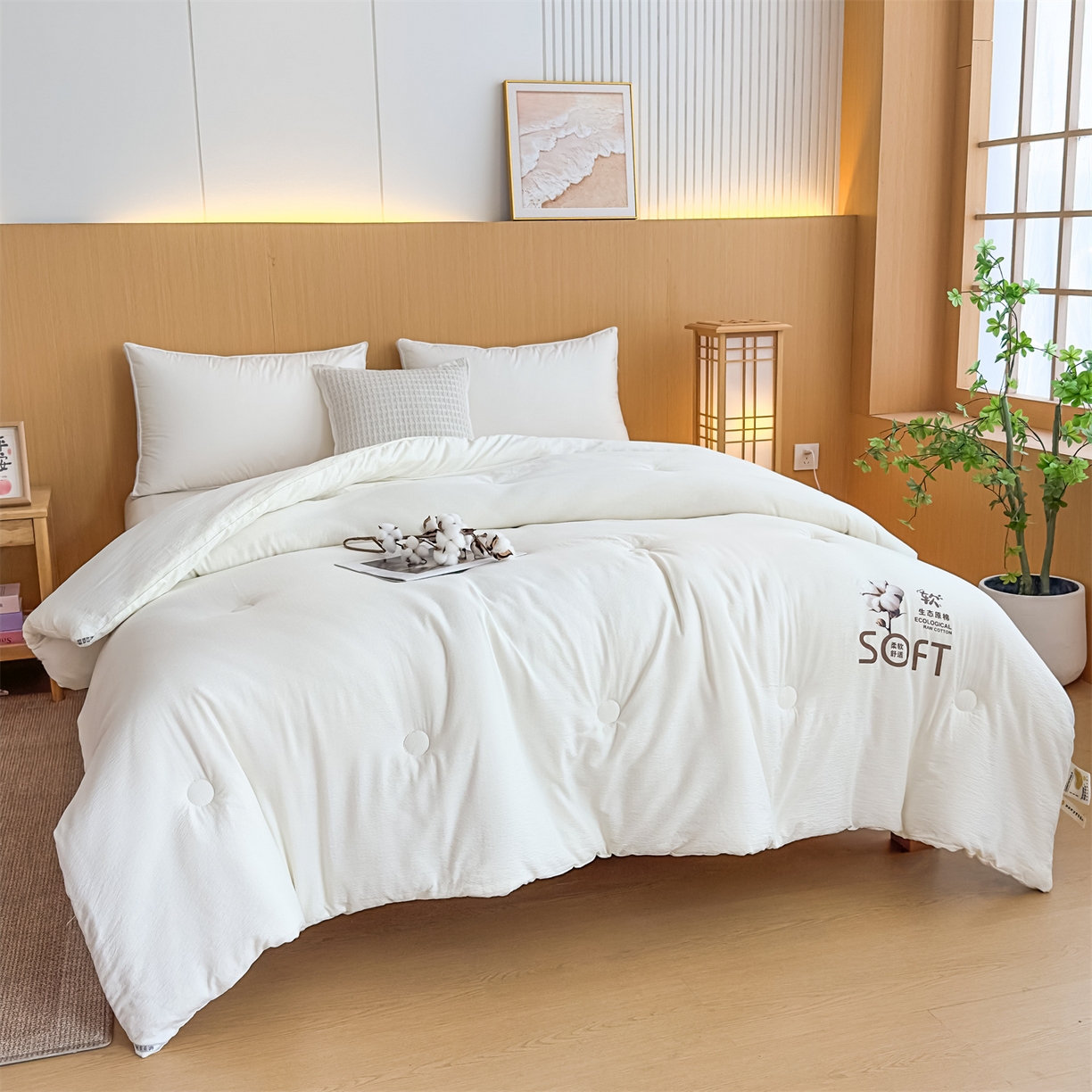 91家纺网 家纺一手货源 找家纺 默忆 2025新款A类木棉皱皱纱棉花被被子被芯 白色