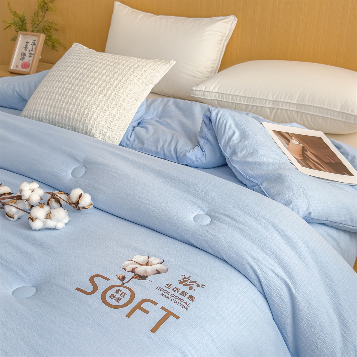 91家纺网 家纺一手货源 找家纺 默忆 2025新款A类木棉皱皱纱棉花被被子被芯 蓝色