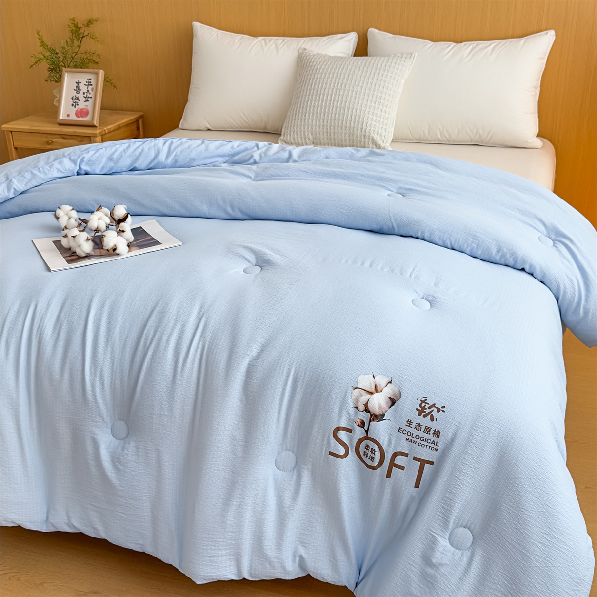 91家纺网 家纺一手货源 找家纺 默忆 2025新款A类木棉皱皱纱棉花被被子被芯 蓝色