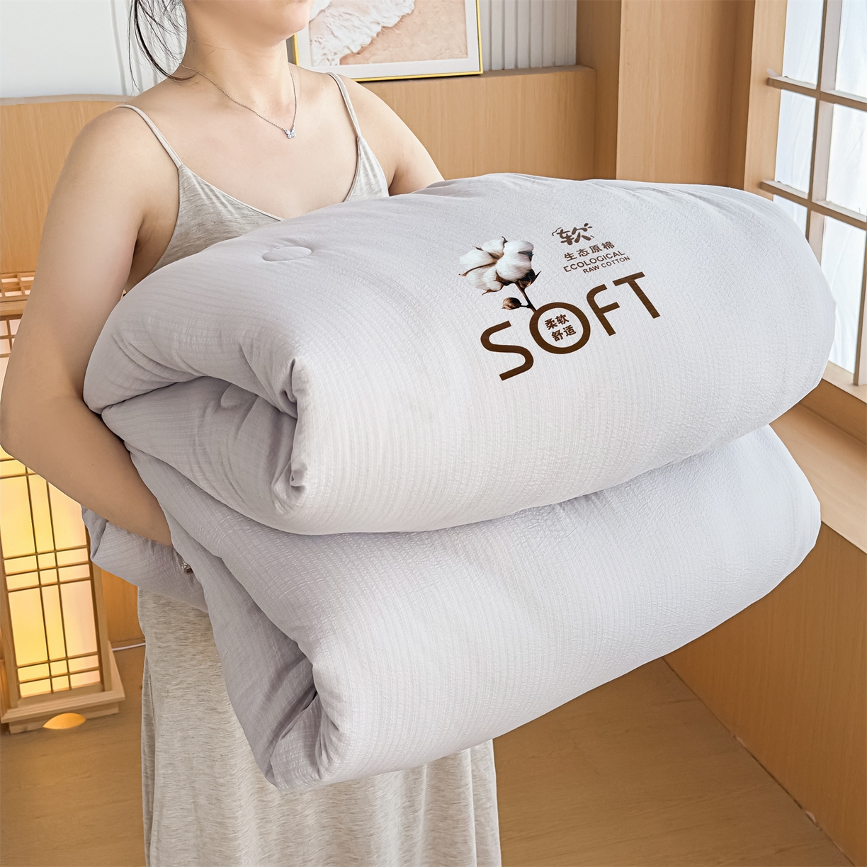 91家纺网 家纺一手货源 找家纺 默忆 2025新款A类木棉皱皱纱棉花被被子被芯 灰色