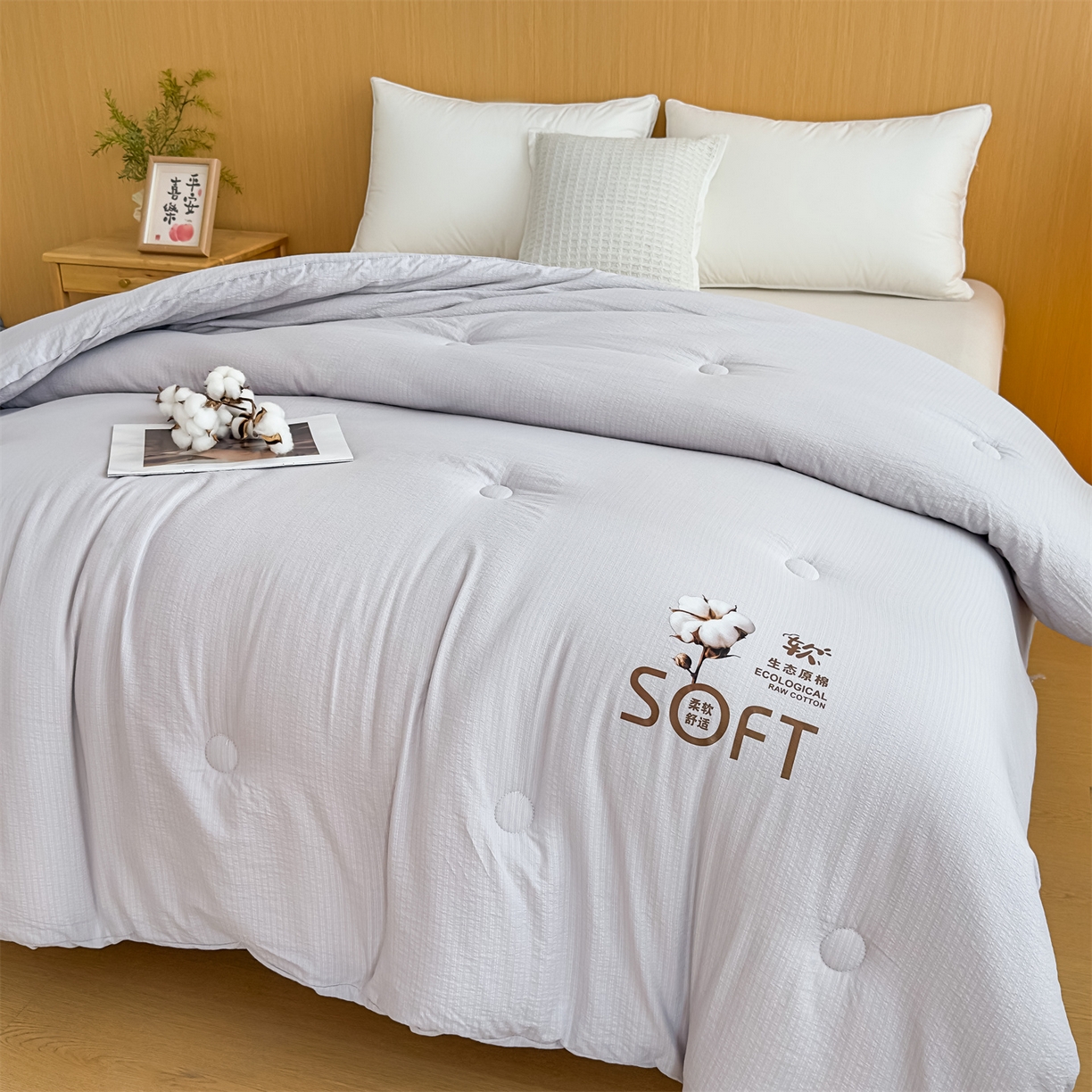 91家纺网 家纺一手货源 找家纺 默忆 2025新款A类木棉皱皱纱棉花被被子被芯 灰色