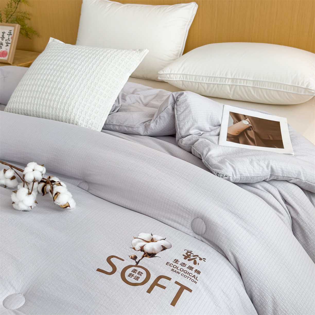 91家纺网 家纺一手货源 找家纺 默忆 2025新款A类木棉皱皱纱棉花被被子被芯 灰色