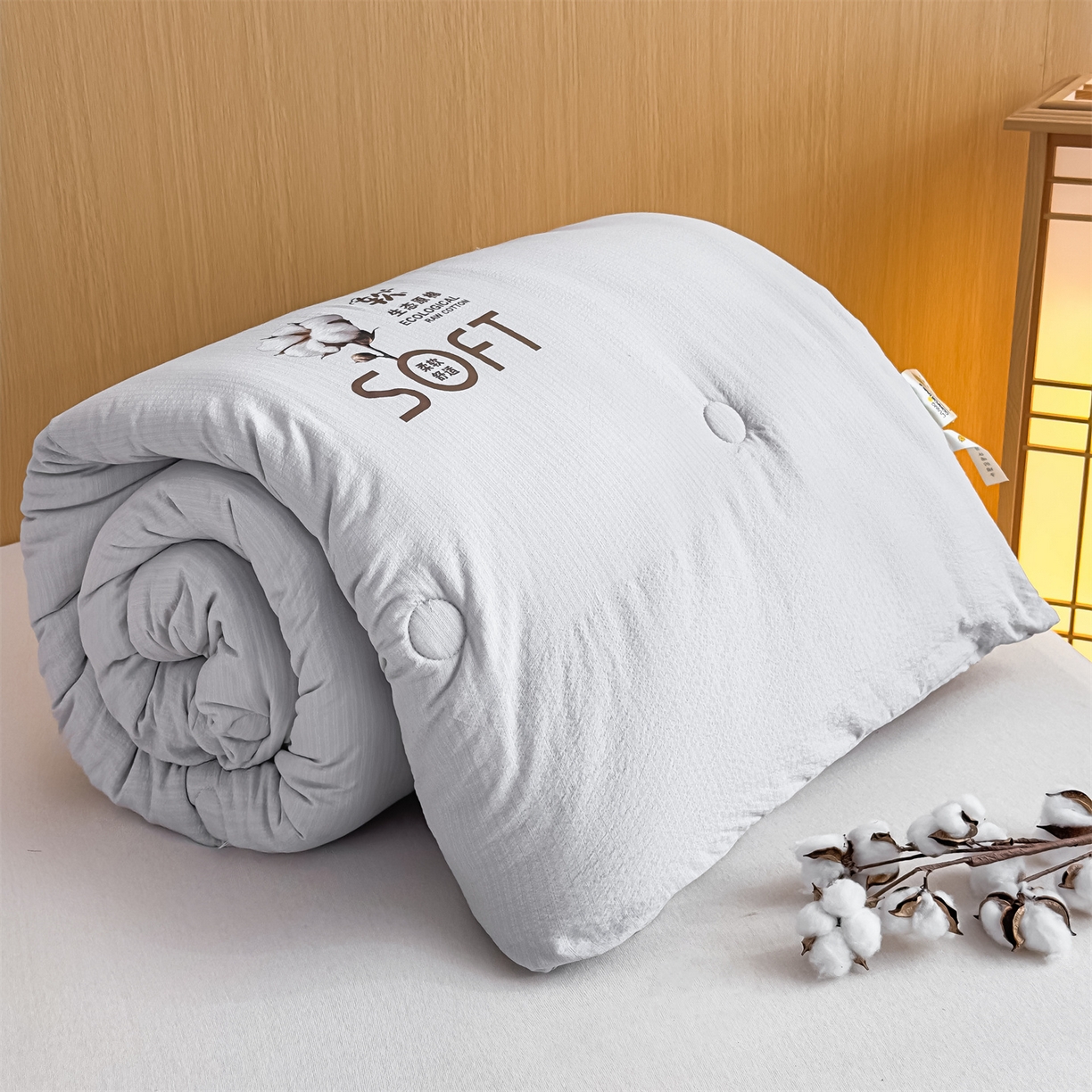 91家纺网 家纺一手货源 找家纺 默忆 2025新款A类木棉皱皱纱棉花被被子被芯 灰色