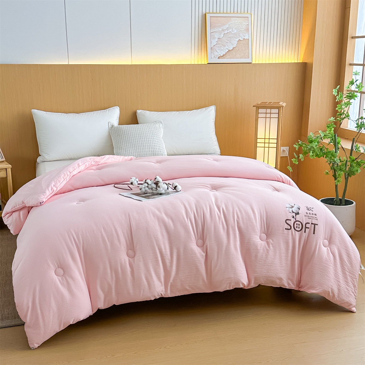 91家纺网 家纺一手货源 找家纺 默忆 2025新款A类木棉皱皱纱棉花被被子被芯 粉色