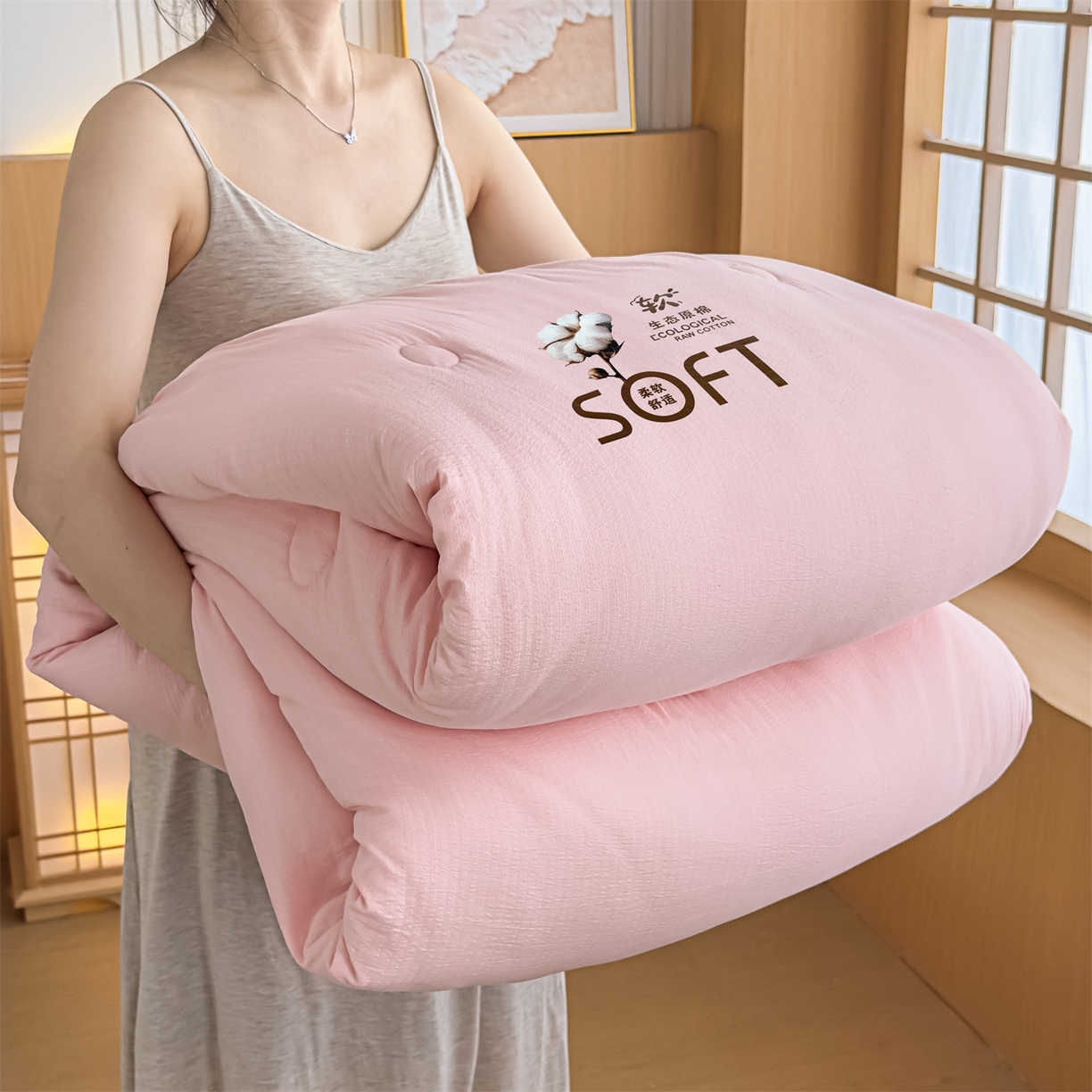 91家纺网 家纺一手货源 找家纺 默忆 2025新款A类木棉皱皱纱棉花被被子被芯 粉色