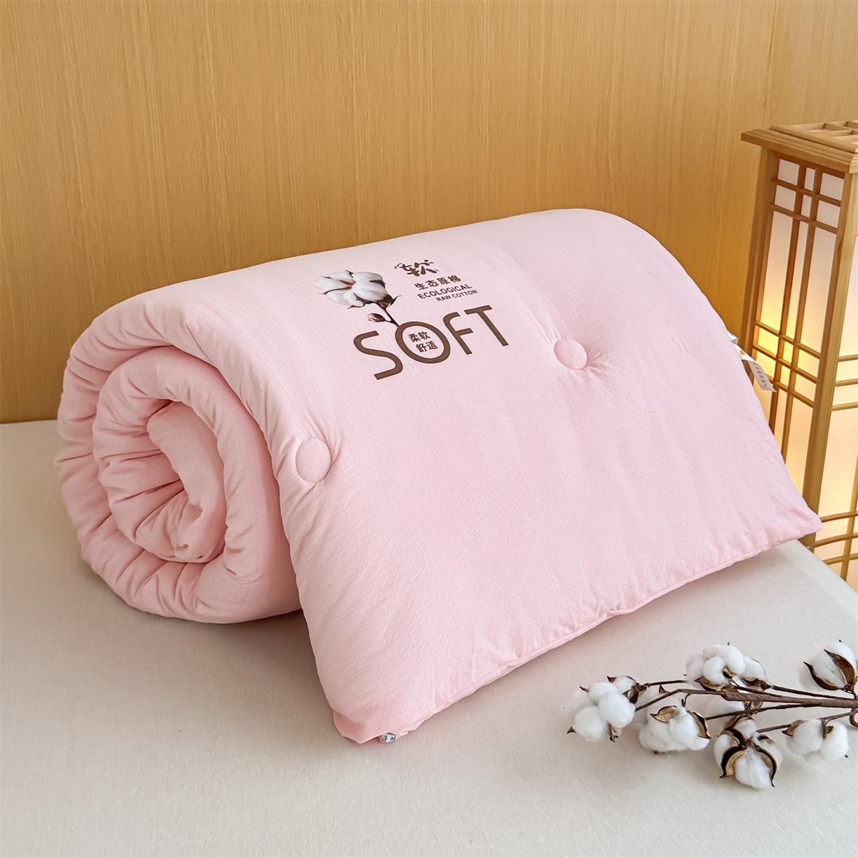 91家纺网 家纺一手货源 找家纺 默忆 2025新款A类木棉皱皱纱棉花被被子被芯 粉色