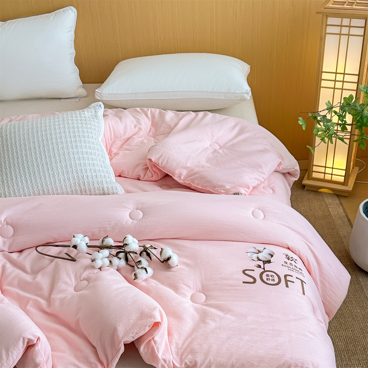 91家纺网 家纺一手货源 找家纺 默忆 2025新款A类木棉皱皱纱棉花被被子被芯 粉色