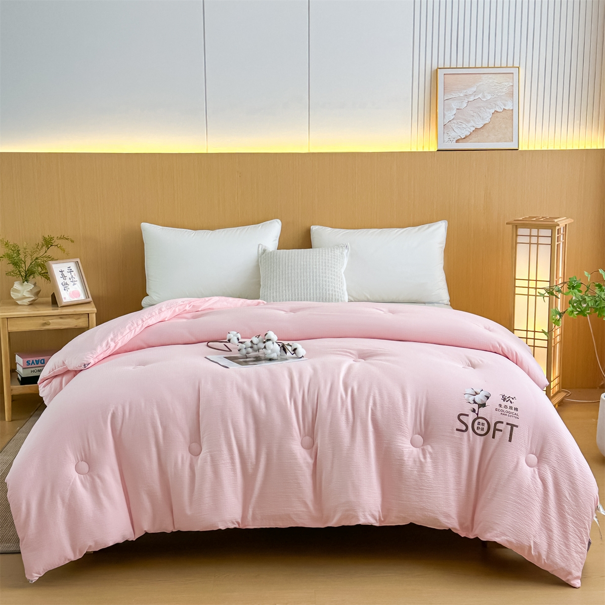 默忆 2025新款A类木棉皱皱纱棉花被被子被芯 粉色