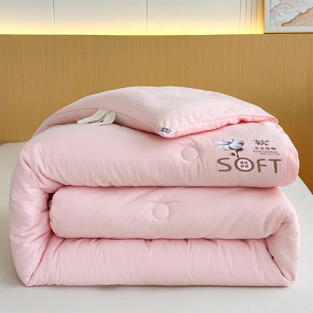 91家纺网 家纺一手货源 找家纺 默忆 2025新款A类木棉皱皱纱棉花被被子被芯 粉色