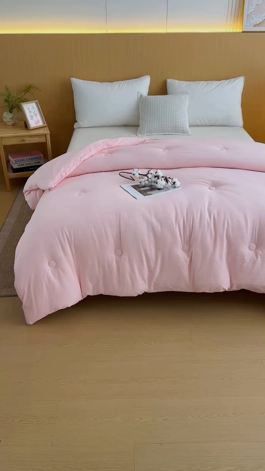 91家纺网 家纺一手货源 找家纺 默忆 2025新款A类木棉皱皱纱棉花被被子被芯 粉色