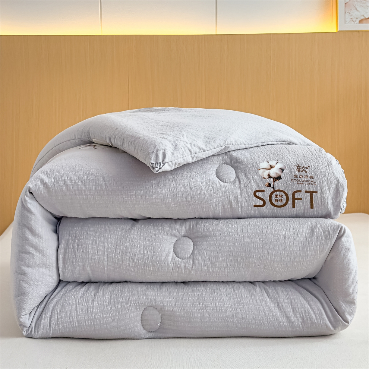 91家纺网 家纺一手货源 找家纺 默忆 2025新款A类木棉皱皱纱棉花被被子被芯 灰色