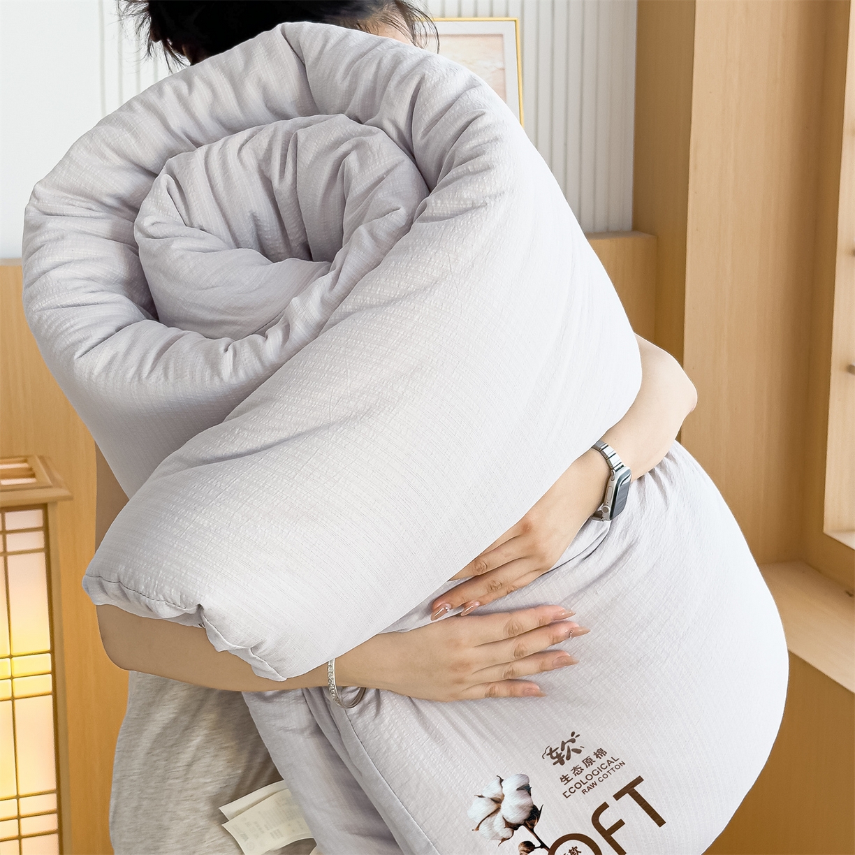 91家纺网 家纺一手货源 找家纺 默忆 2025新款A类木棉皱皱纱棉花被被子被芯 灰色