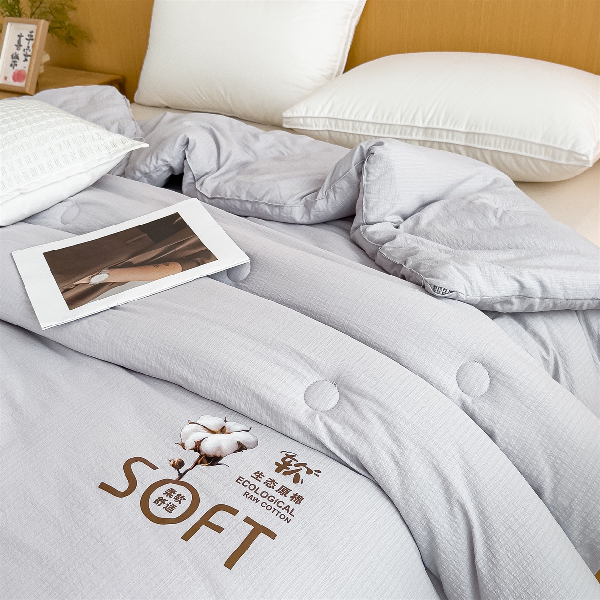 91家纺网 家纺一手货源 找家纺 默忆 2025新款A类木棉皱皱纱棉花被被子被芯 灰色