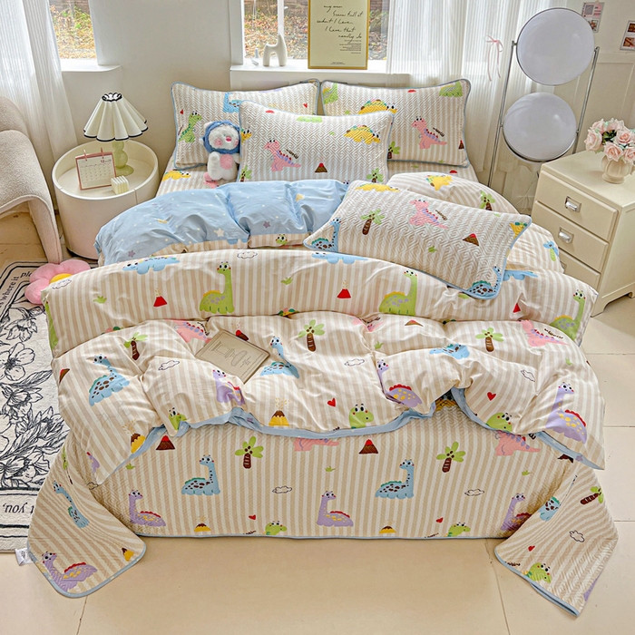 羽爱家纺 2025新款A类全棉印花水洗床盖四件套系列 动漫恐龙