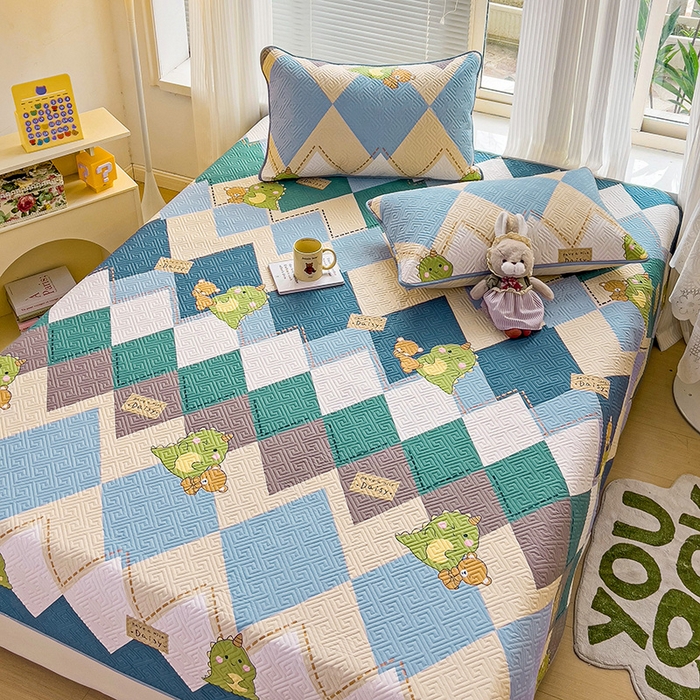 91家纺网 家纺一手货源 找家纺 羽爱家纺 2025新款A类全棉印花水洗床盖四件套系列 菱形恐龙