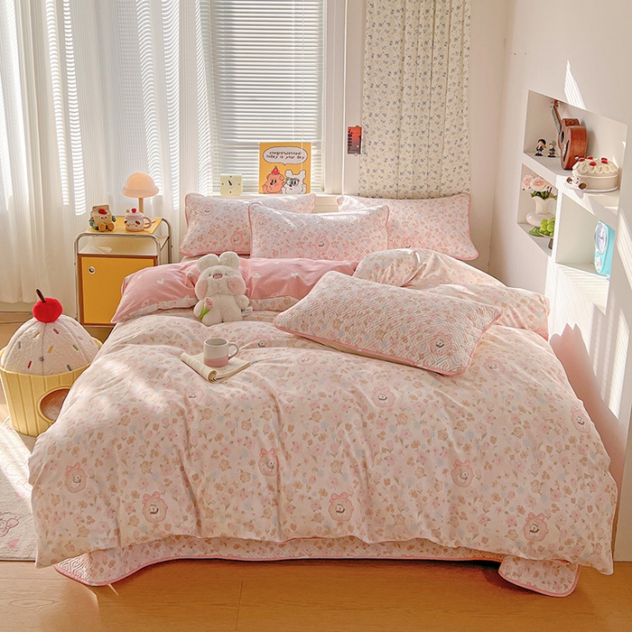 91家纺网 家纺一手货源 找家纺 羽爱家纺 2025新款A类全棉印花水洗床盖四件套系列 萌萌兔